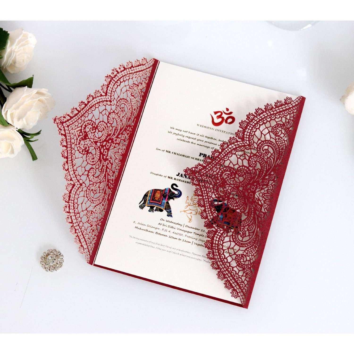 Wine Red Invitation Laser Wedding Invitation Card With Ribbon Bow